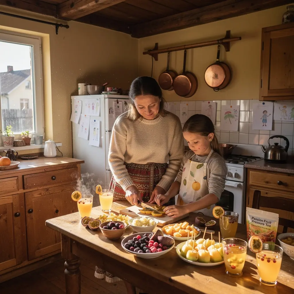 Žaliosios arbatos lapai šalia aistringojo vaisiaus, išryškinantys natūralų skonį.